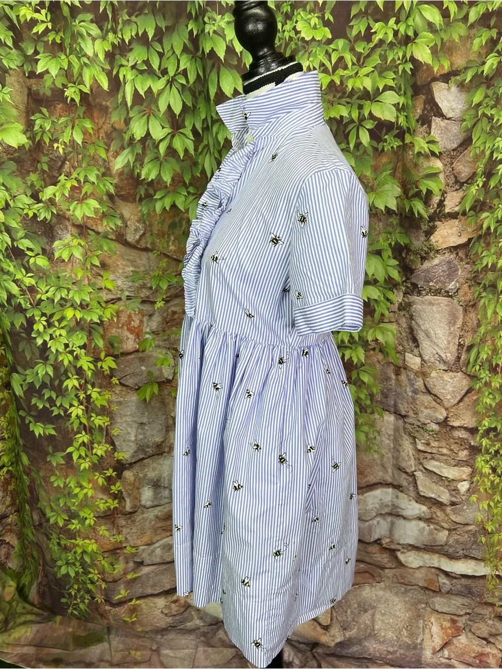 KATE SPADE Abuzz Poplin Blue and White Striped Bee Print Poplin Luxury Dress, XS
